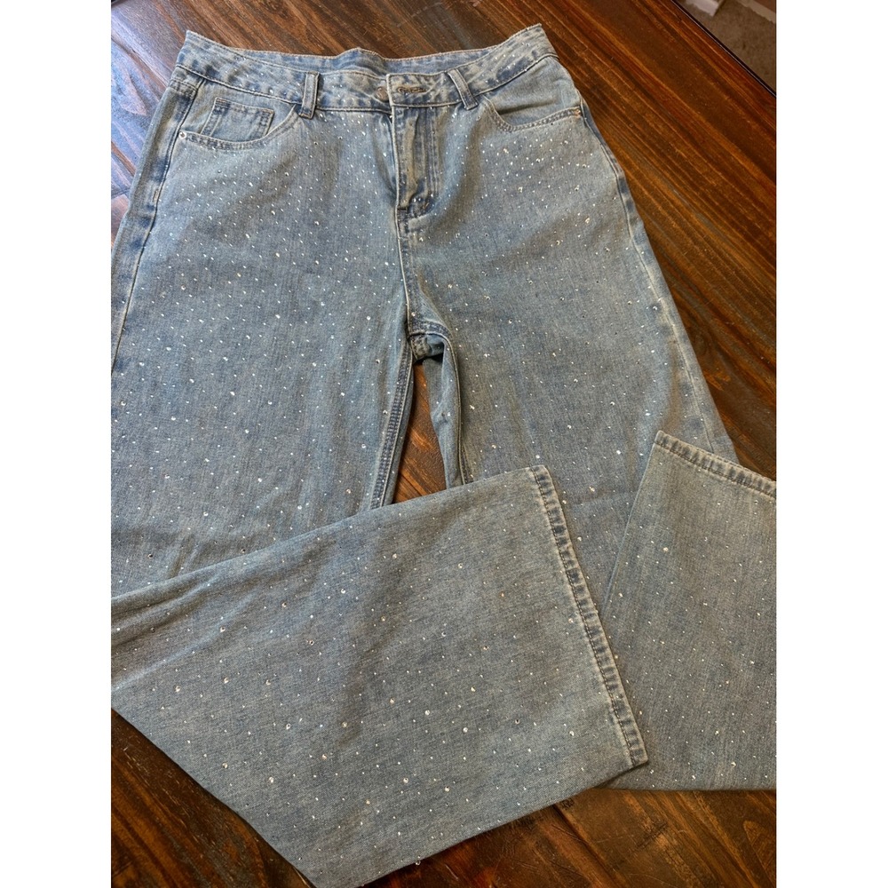Womens Light Wash Rhinestone Embellished Wide Leg Jeans High Rise Blue Size L 32